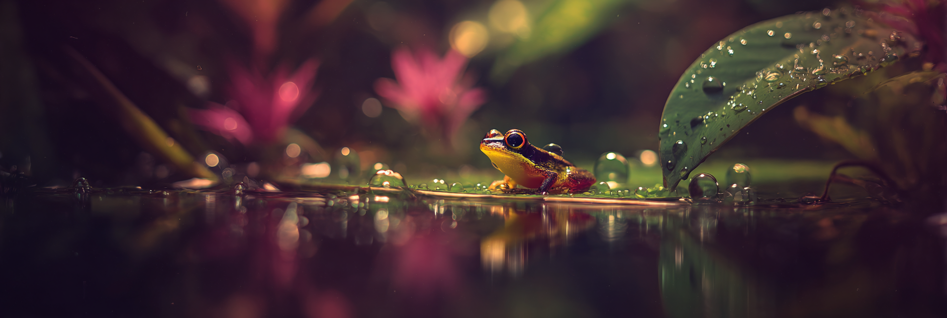 Bunter Frosch Auf Blatt Über Wasser Mit Tropfen Im Regenwald | Insekten und Amphibien | Tiere