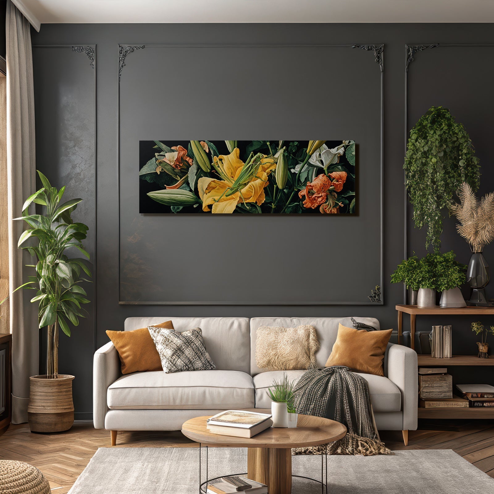 Detailreiche Blumen Und Grüner Grashopper Im Dunklen Hintergrund