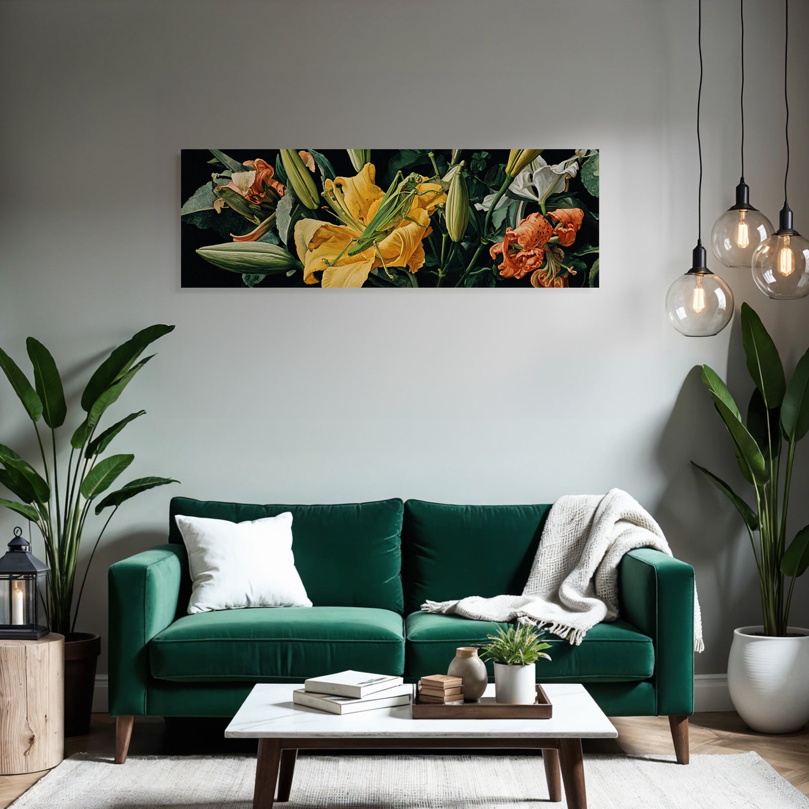 Detailreiche Blumen Und Grüner Grashopper Im Dunklen Hintergrund