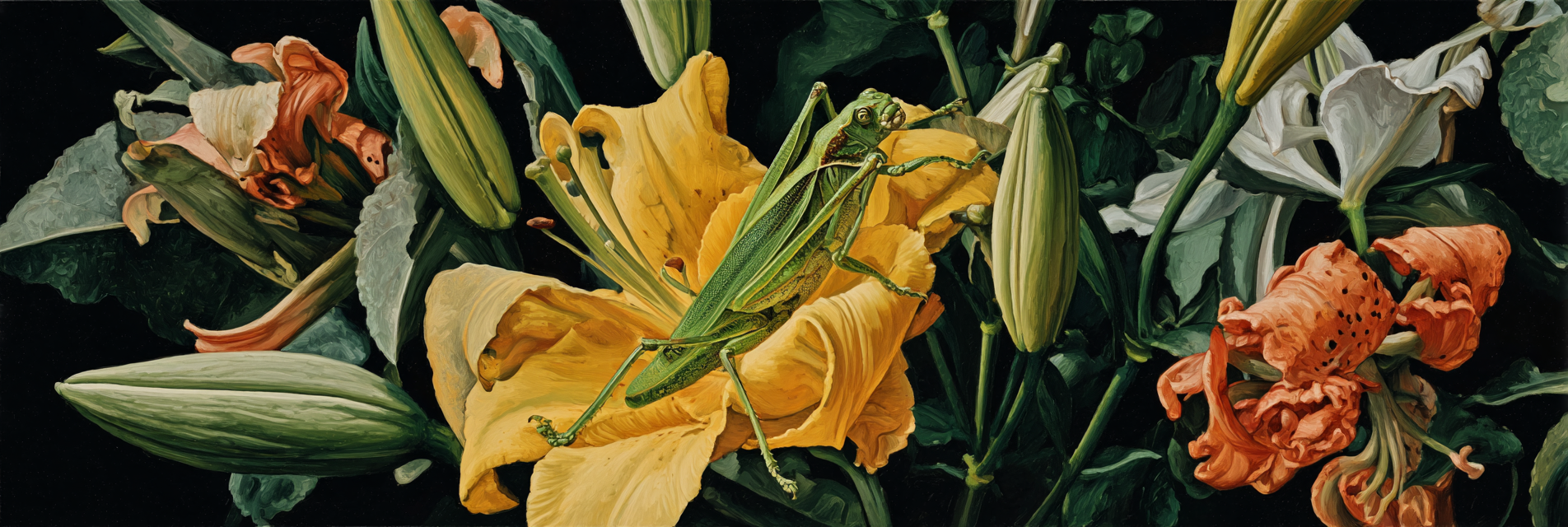 Detailreiche Blumen Und Grüner Grashopper Im Dunklen Hintergrund | Insekten und Amphibien | Tiere