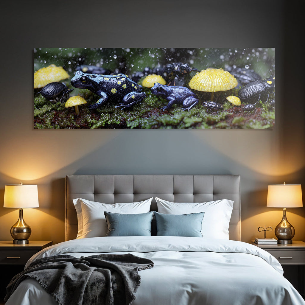 Colorful frogs and beetles in the rainforest with yellow mushrooms