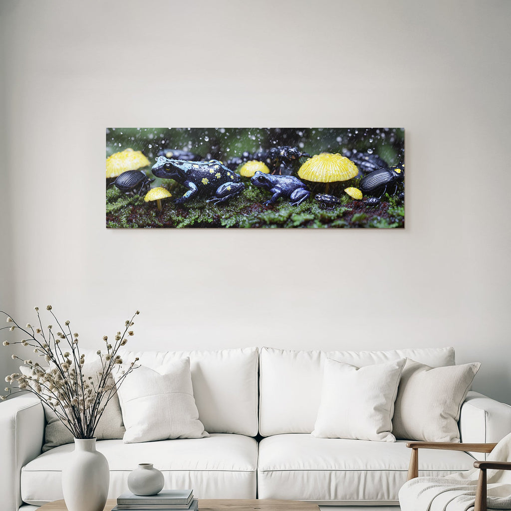 Colorful frogs and beetles in the rainforest with yellow mushrooms