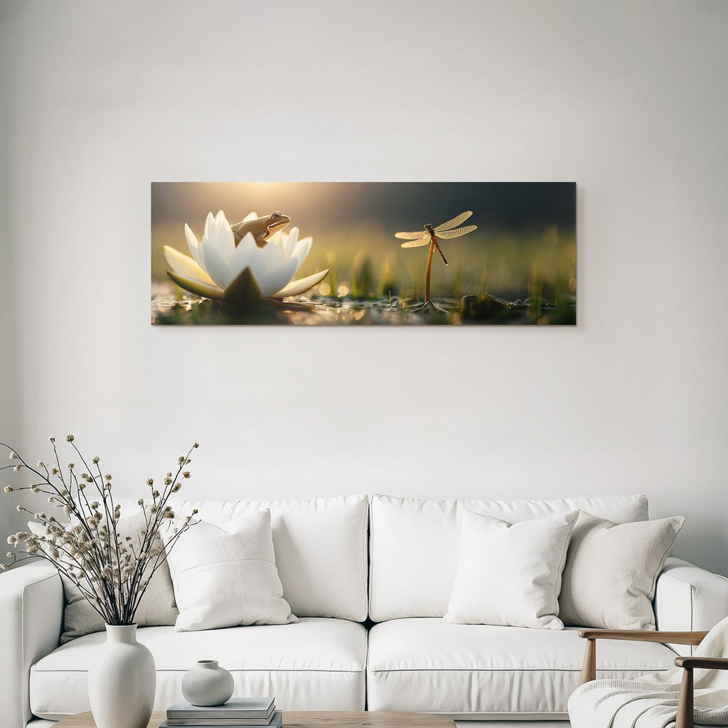 Frosch Auf Weisser Lotusblume Mit Drachenfliege