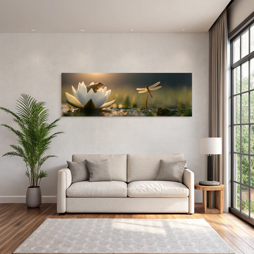 Frosch Auf Weisser Lotusblume Mit Drachenfliege