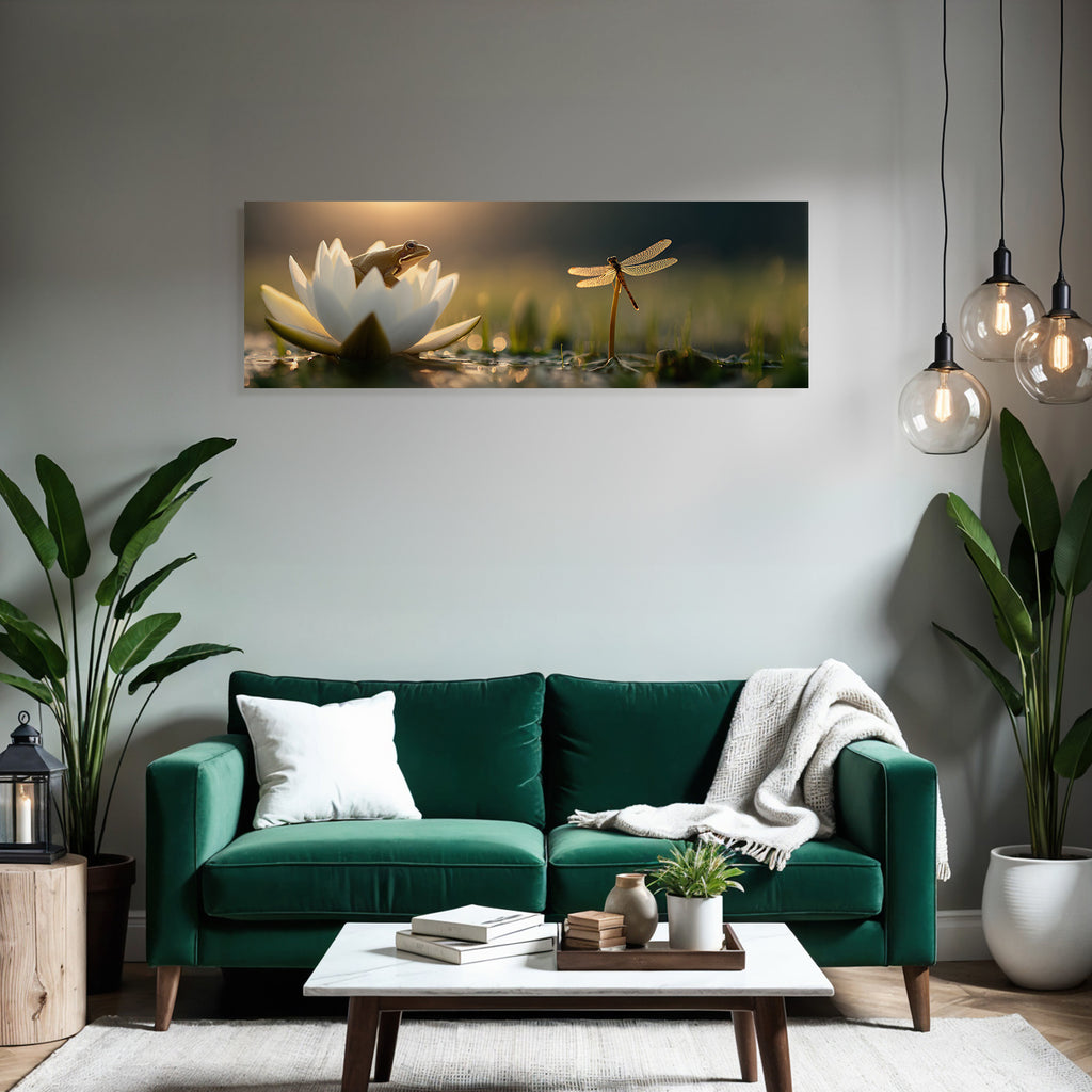 Frosch Auf Weisser Lotusblume Mit Drachenfliege