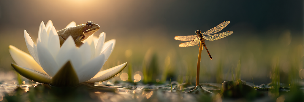 Frosch Auf Weisser Lotusblume Mit Drachenfliege | Insekten und Amphibien | Tiere