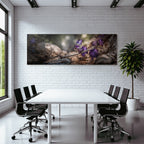 Frog on a branch surrounded by bright purple leaves with a background of water and stones