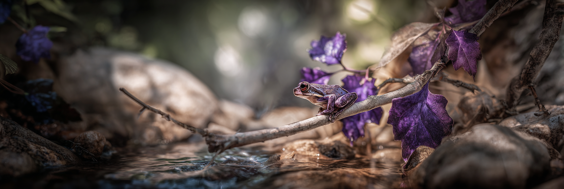 Frosch Auf Zweig Umgeben Von Leuchtend Lila Blattern Mit Hintergrund Aus Wasser Und Steinen | Insekten und Amphibien | Tiere