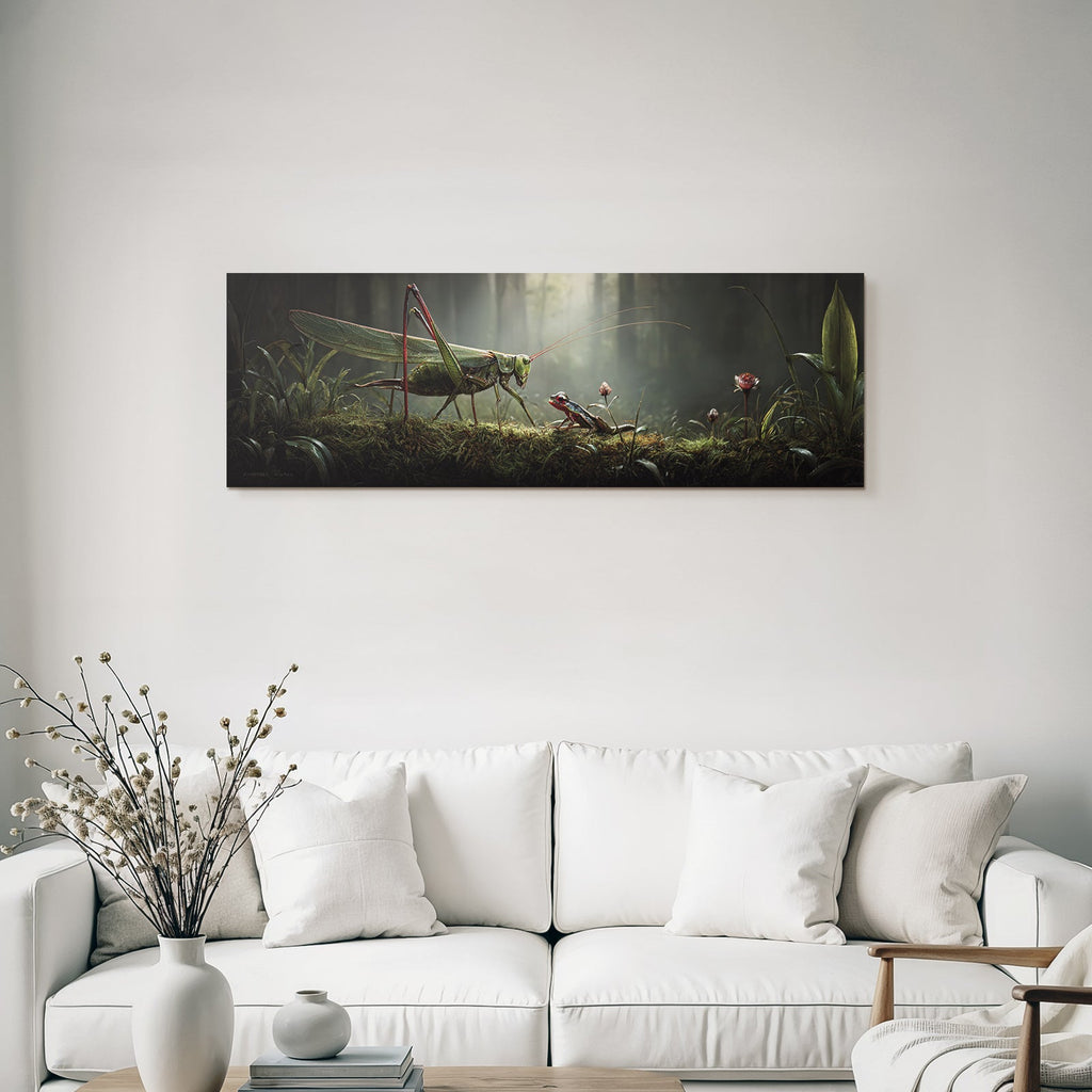 Large grasshopper in the mystical forest with colorful frog