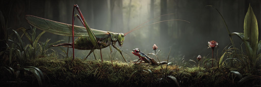 Grossgrashüpfer Im Mystischen Wald Mit Buntem Frosch | Insekten und Amphibien | Tiere