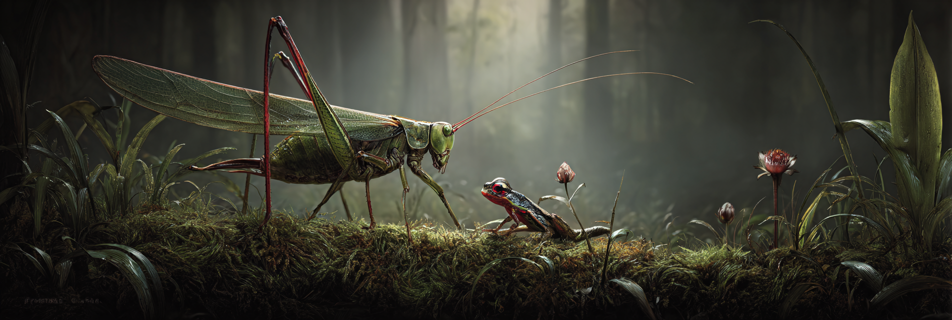 Grossgrashüpfer Im Mystischen Wald Mit Buntem Frosch | Insekten und Amphibien | Tiere
