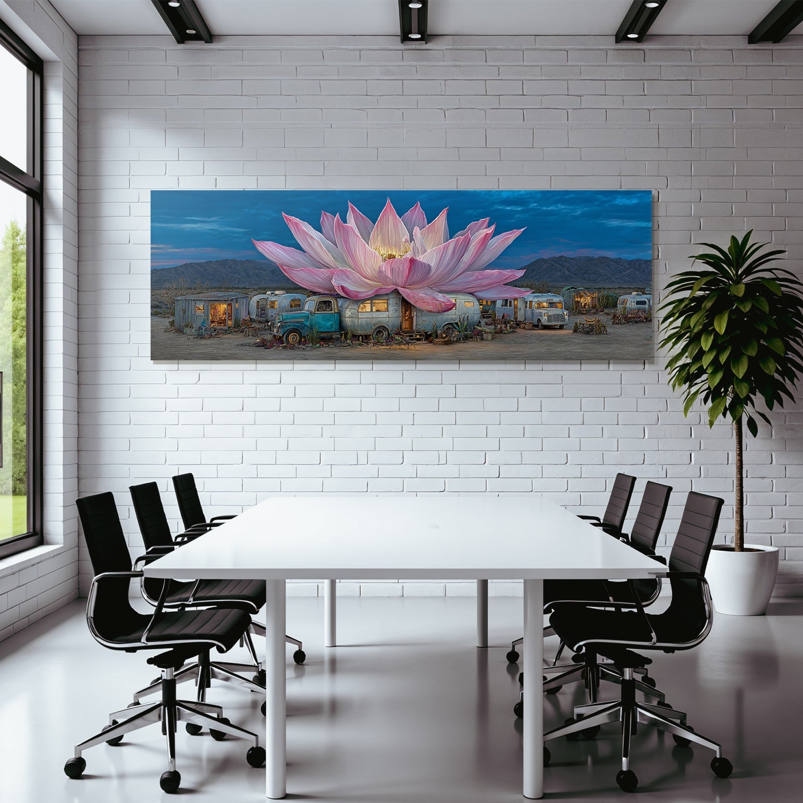 Grossrosa Lotus Vintage Trailer Desertlandschaft Mit Bergen Im Dämmerlicht