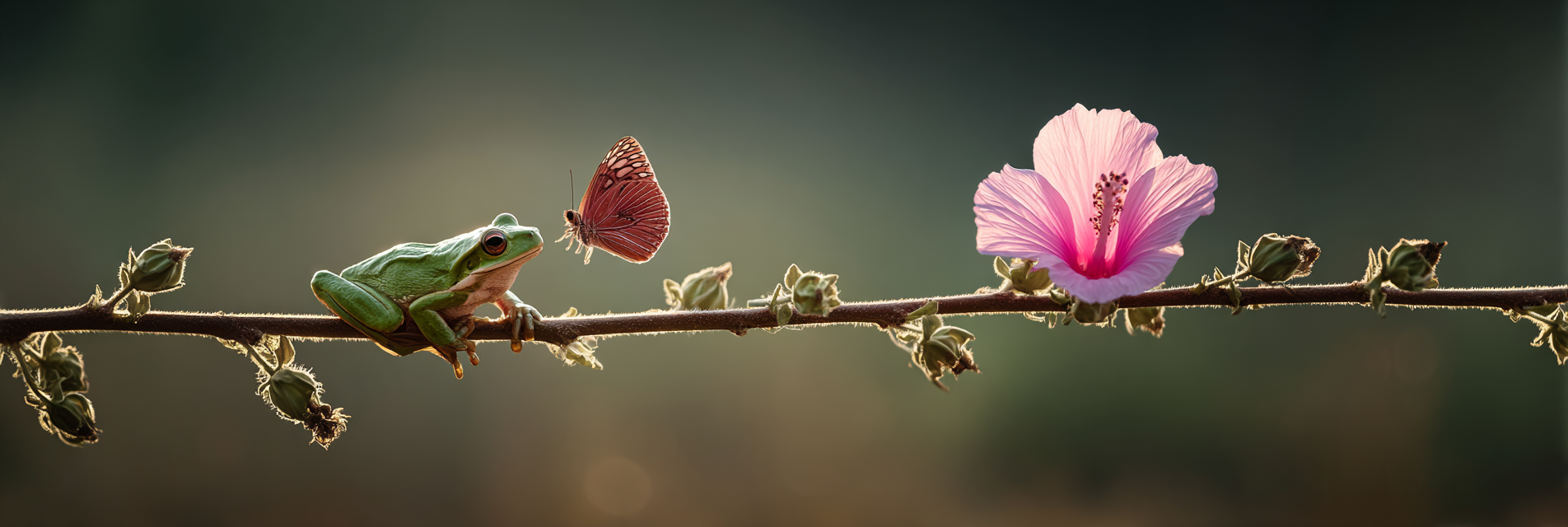 Grüner Baumfrosch Auf Zweig Mit Schmetterling Und Rosa Hibiskus | Insekten und Amphibien | Tiere