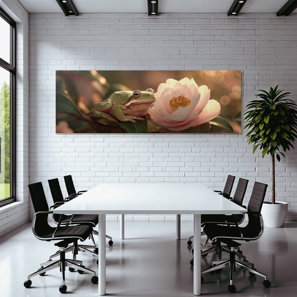 Grüner Frosch Auf Blatt Und Rosa Blume Im Traumhaften Licht