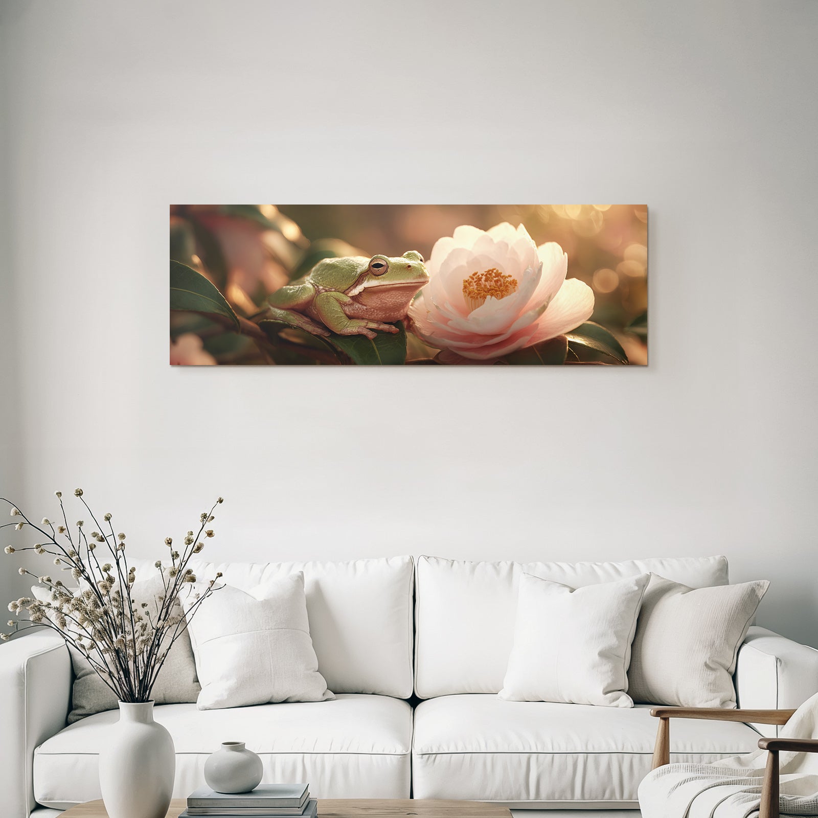 Grüner Frosch Auf Blatt Und Rosa Blume Im Traumhaften Licht