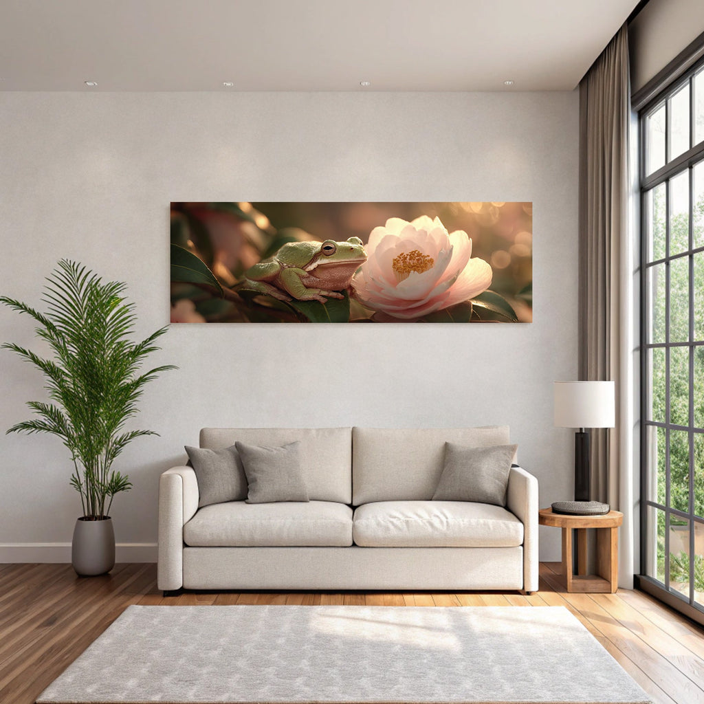 Grüner Frosch Auf Blatt Und Rosa Blume Im Traumhaften Licht