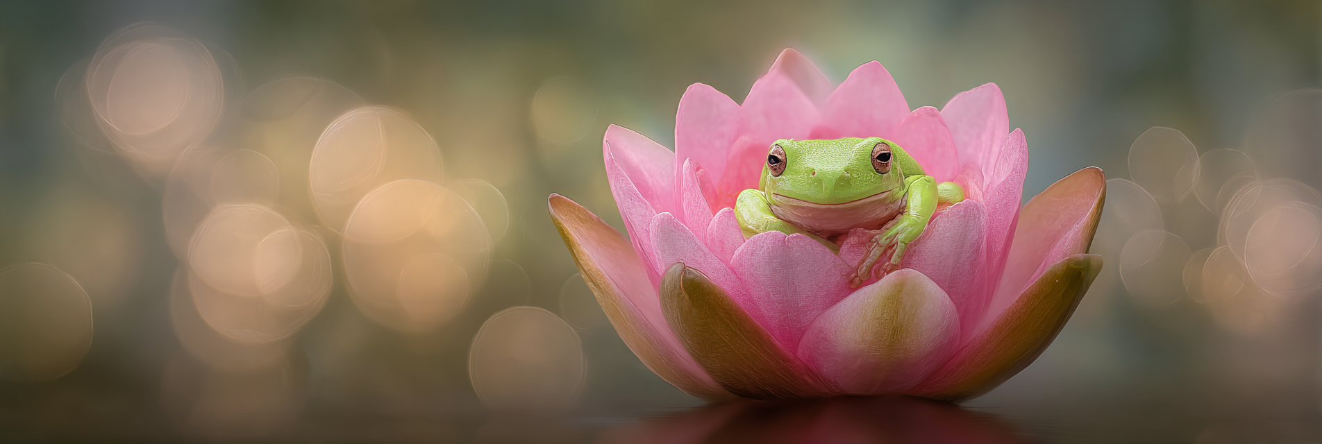 Grüner Frosch Auf Rosa Wasserlilie | Insekten und Amphibien | Tiere