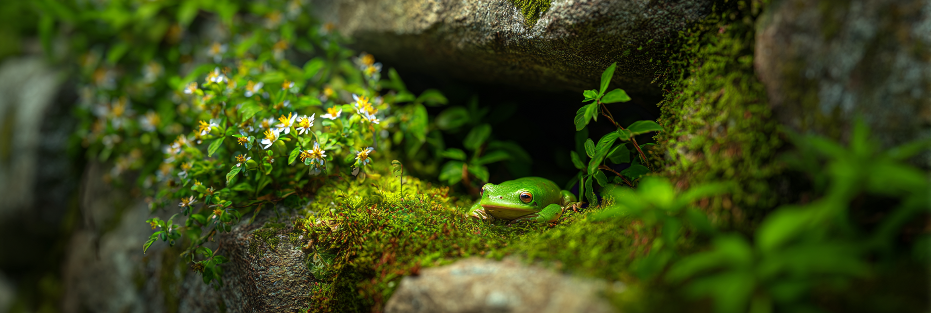 Grüner Frosch Umgeben Von Steinen Moos Und Blumen | Insekten und Amphibien | Tiere