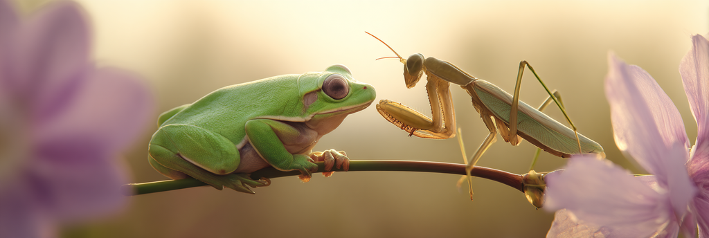 Grüner Frosch Und Gottesanbeterin Am Zweig Umgeben Von Unscharfen Blumen | Insekten und Amphibien | Tiere