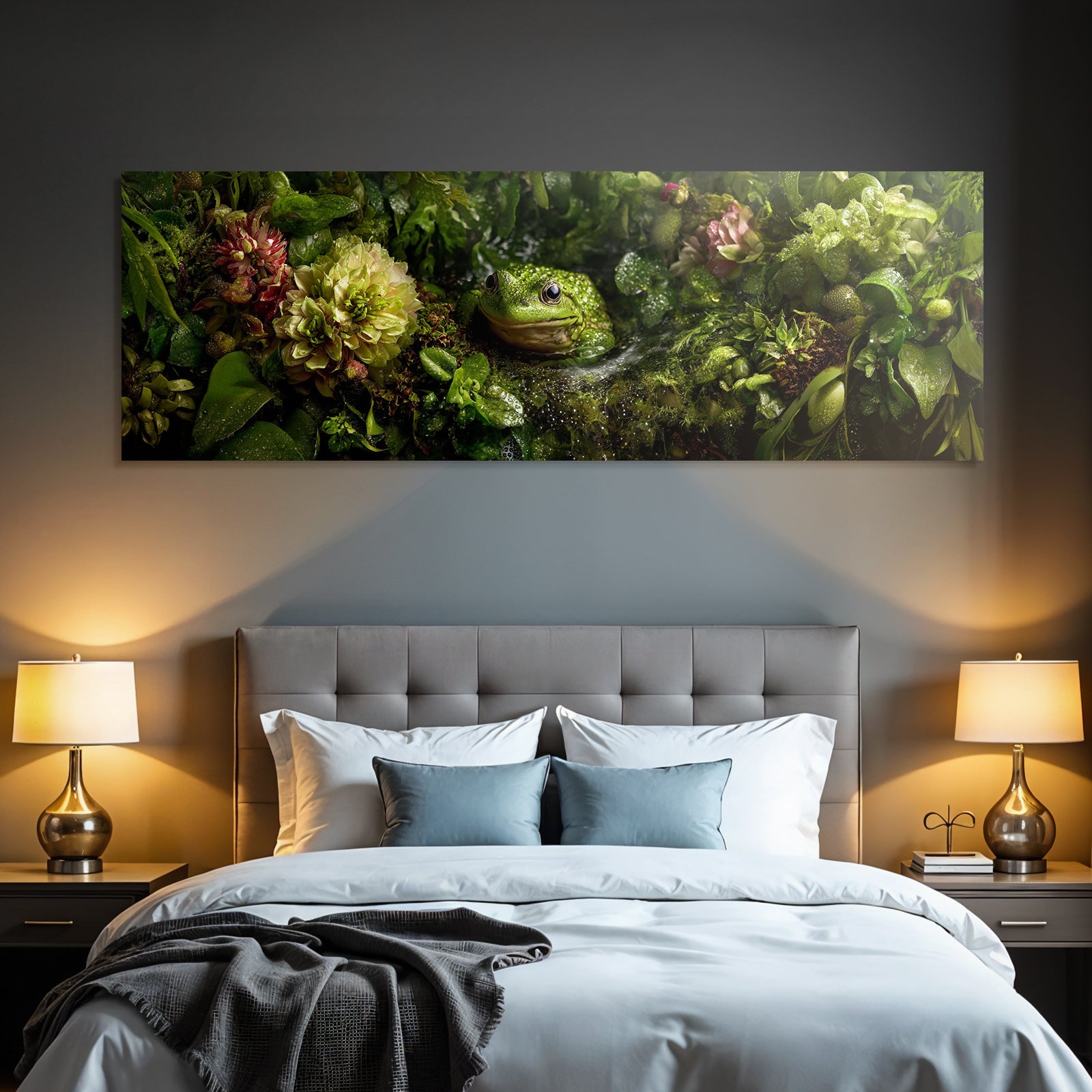 Gruner Frosch In Wasserreicher Naturlandschaft Mit Bunten Blumen