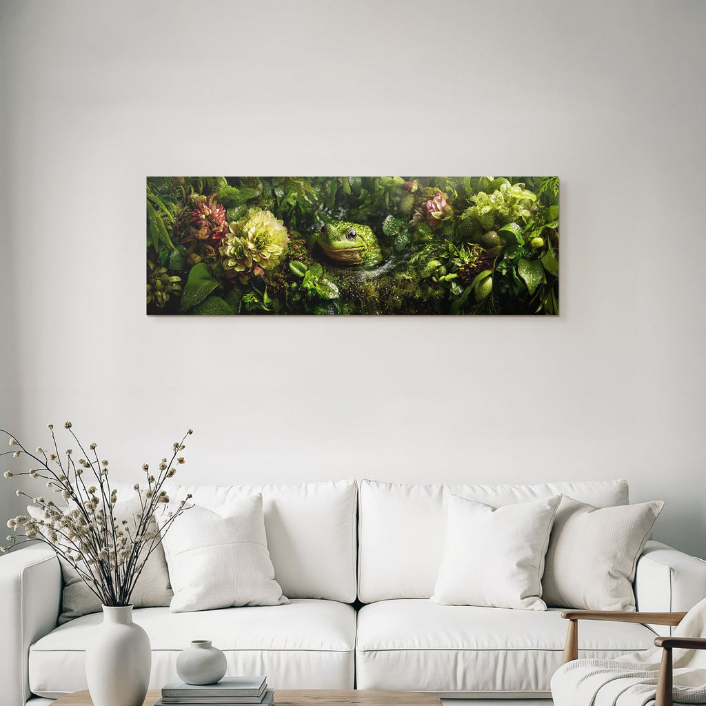 Gruner Frosch In Wasserreicher Naturlandschaft Mit Bunten Blumen