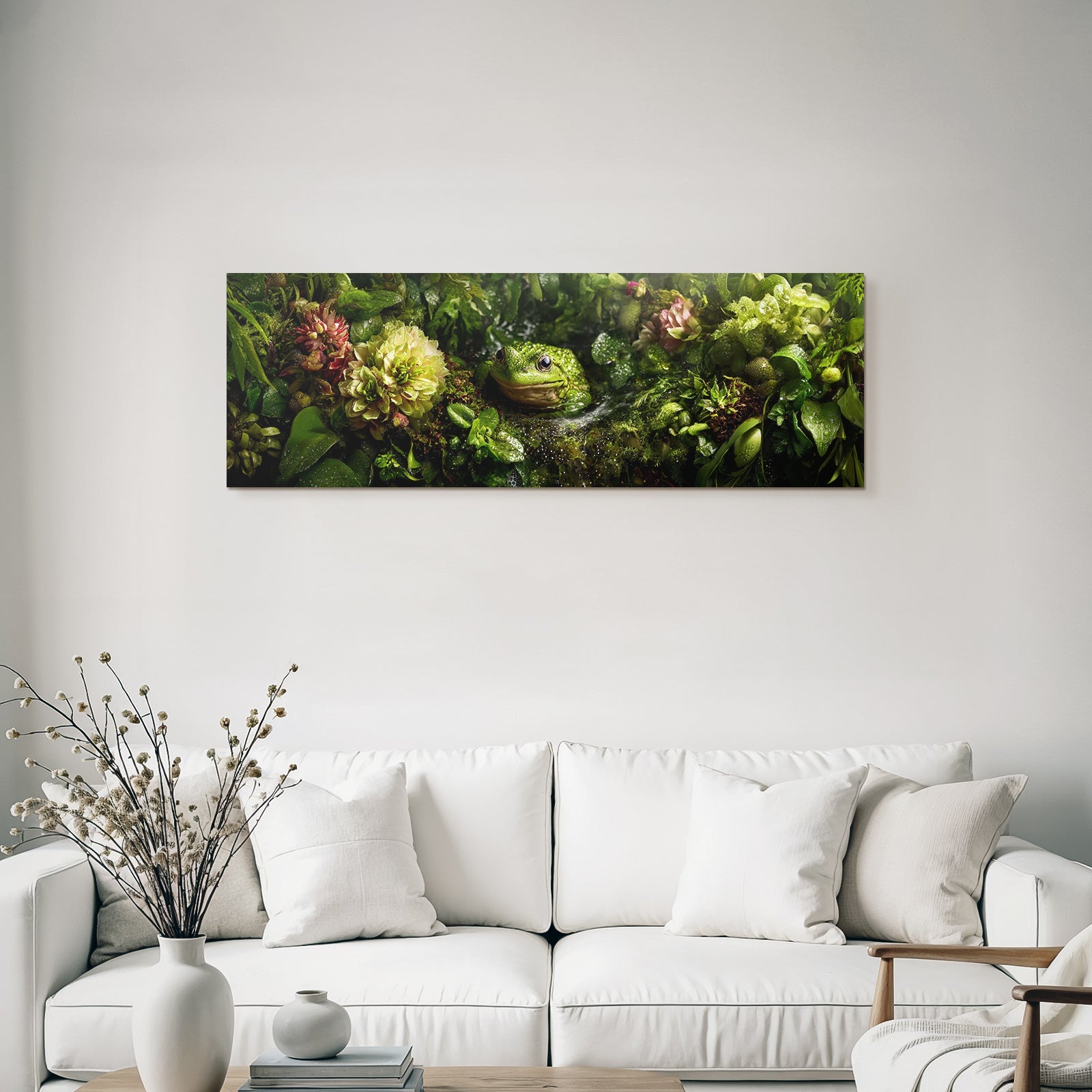 Gruner Frosch In Wasserreicher Naturlandschaft Mit Bunten Blumen