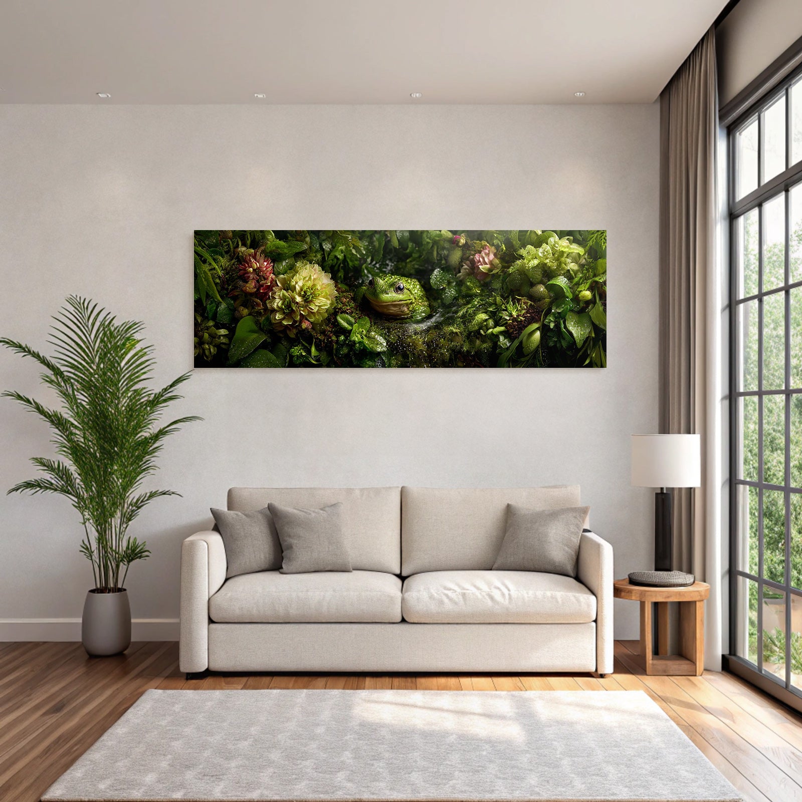 Gruner Frosch In Wasserreicher Naturlandschaft Mit Bunten Blumen
