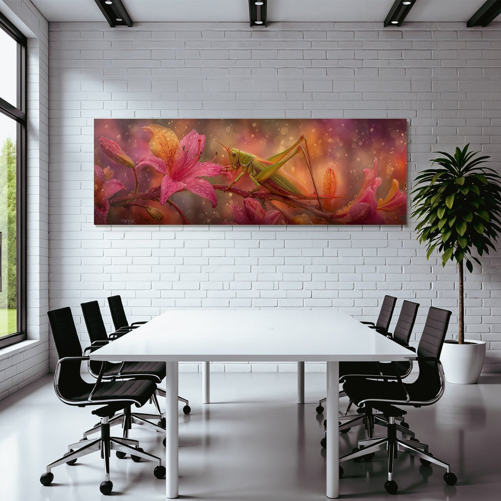Heuschrecke Nahaufnahme Auf Ast Mit Pinken Blumen Und Wassertropfen