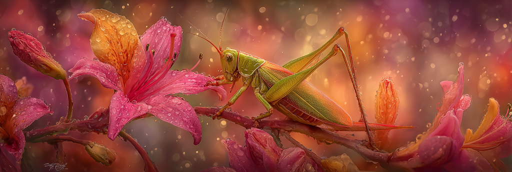Heuschrecke Nahaufnahme Auf Ast Mit Pinken Blumen Und Wassertropfen | Insekten und Amphibien | Tiere