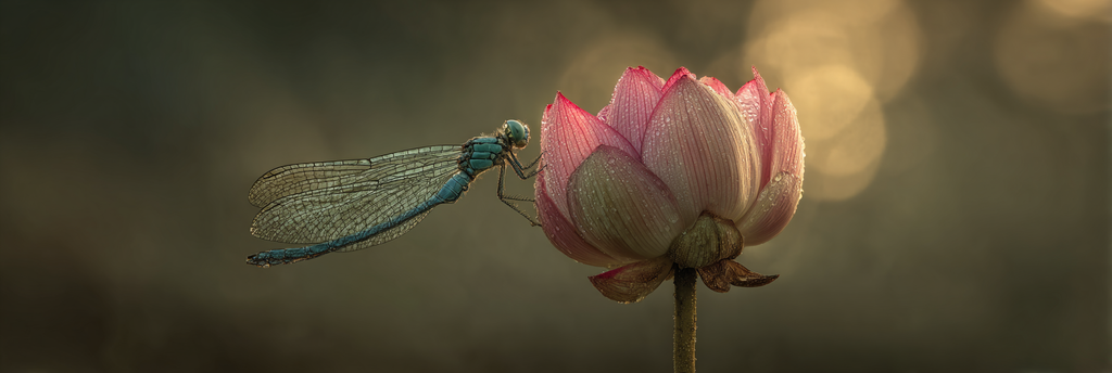 Libelle Auf Lotusblume Mit Tropfen Und Licht | Insekten und Amphibien | Tiere