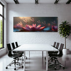 Dragonflies hover around a pink lotus flower
