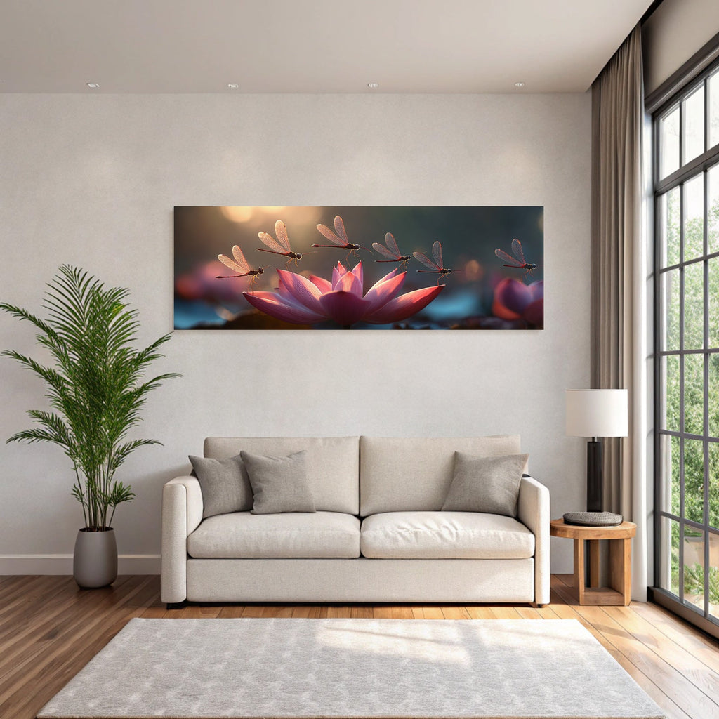 Dragonflies hover around a pink lotus flower
