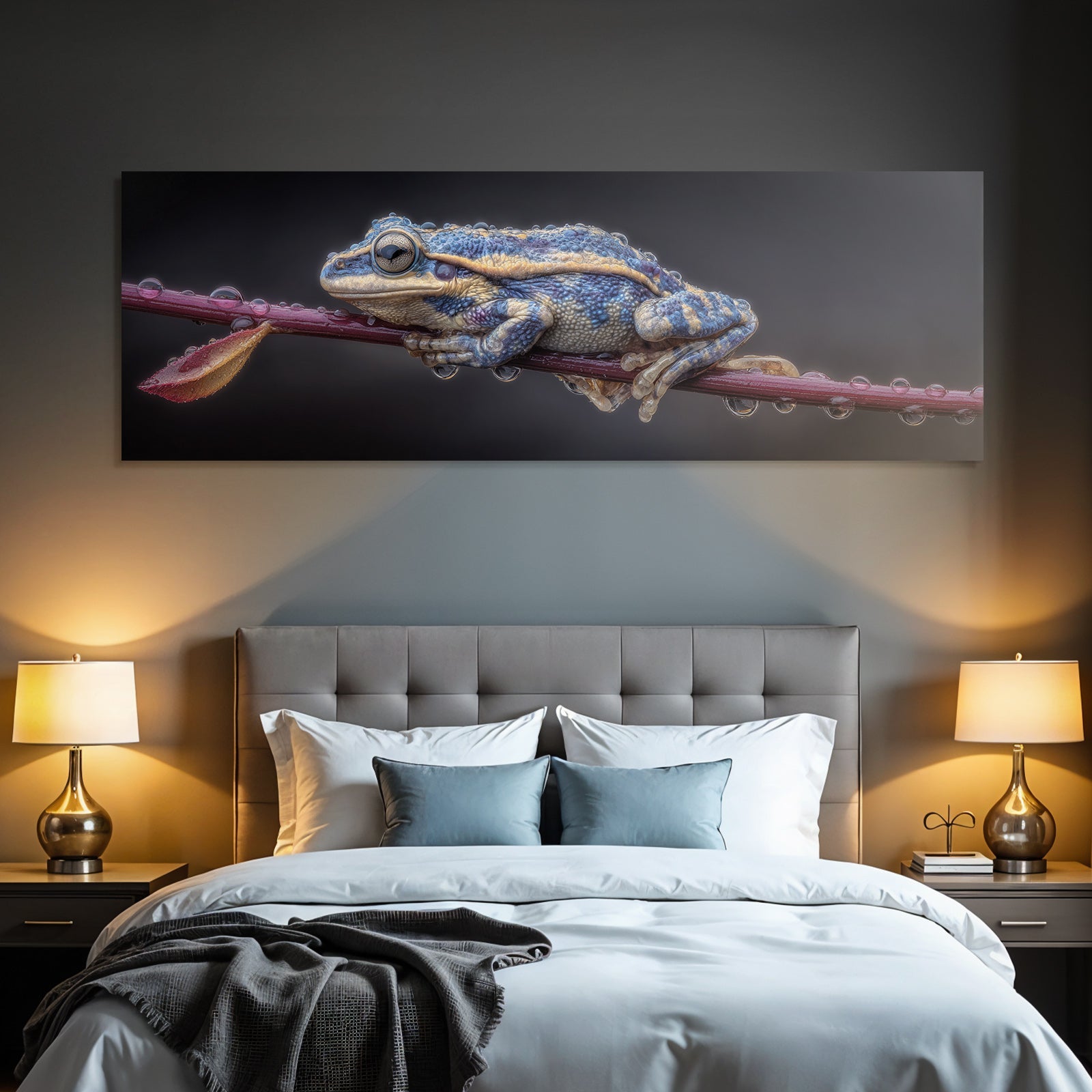 Nahaufnahme Frosch Am Zweig Mit Wassertropfen