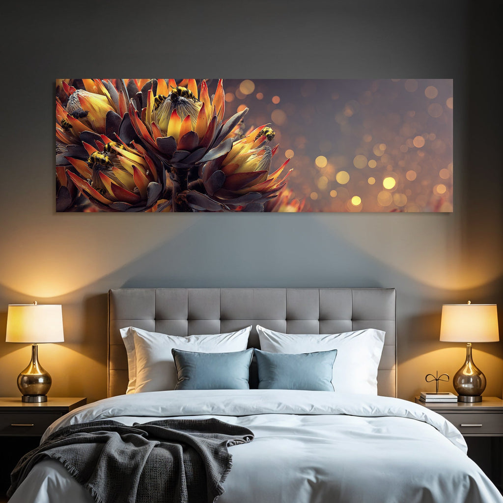 Close-up of vibrant flowers with bees and bokeh background