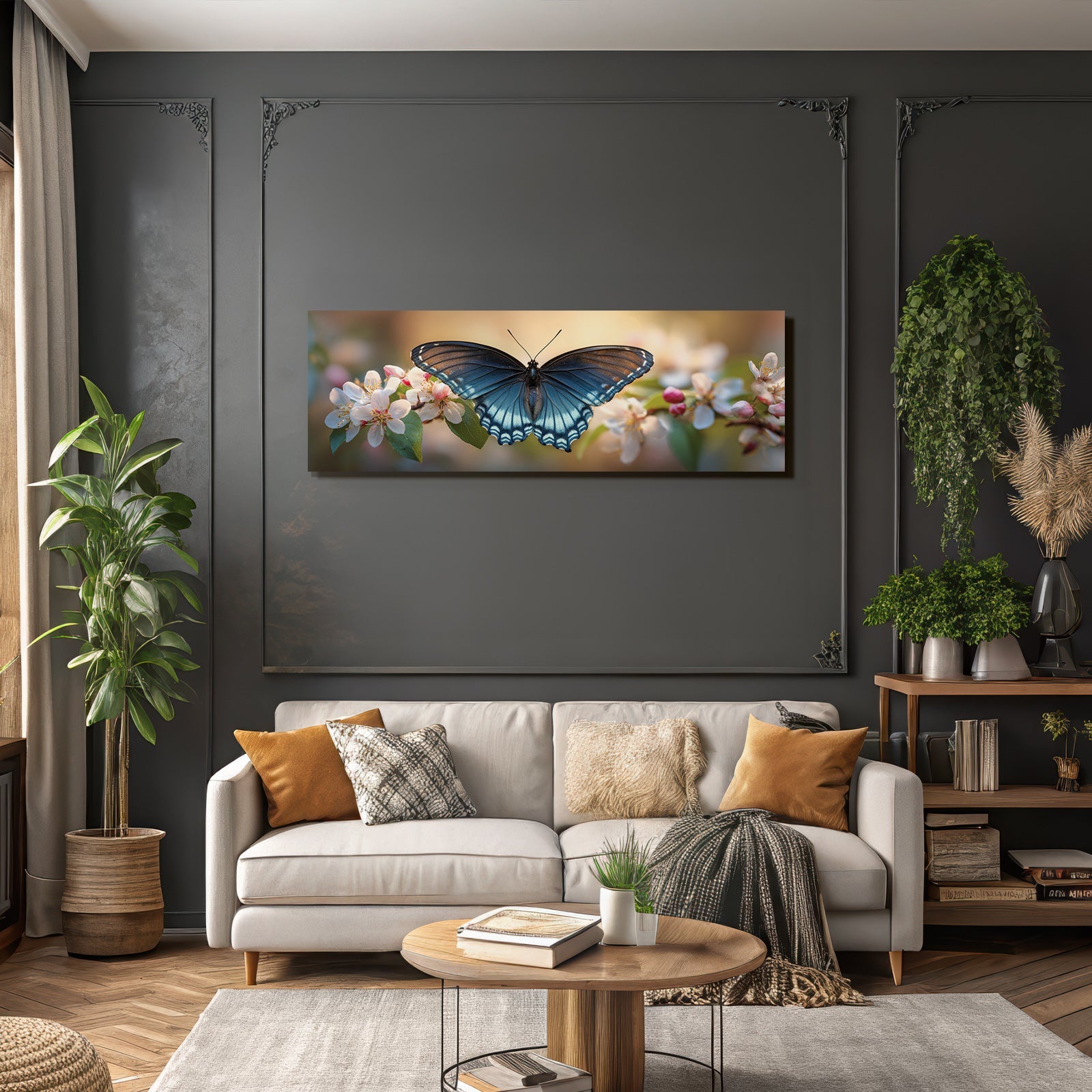 Schmetterling Mit Blaün Und Schwarzen Flügeln Auf Blumen