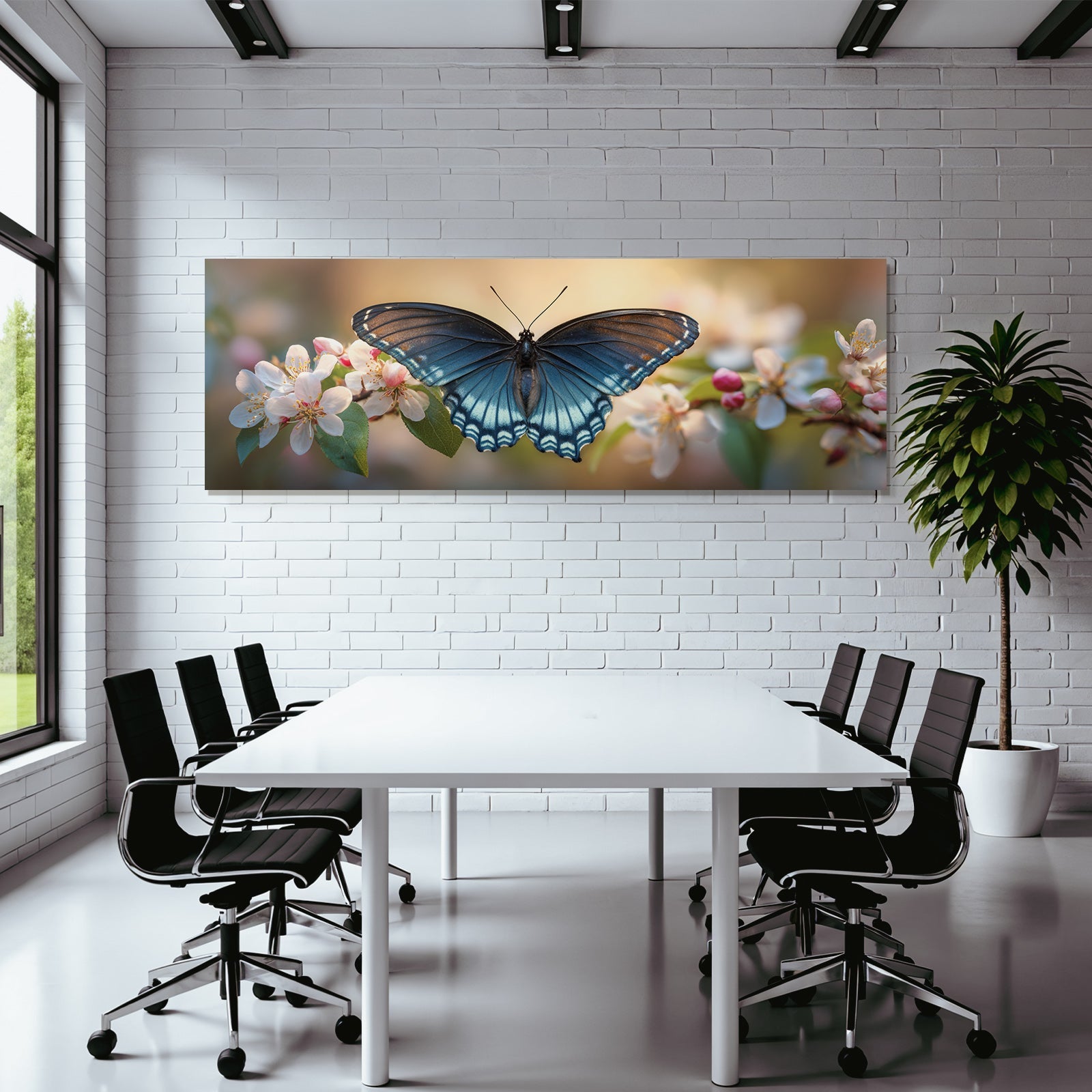 Schmetterling Mit Blaün Und Schwarzen Flügeln Auf Blumen