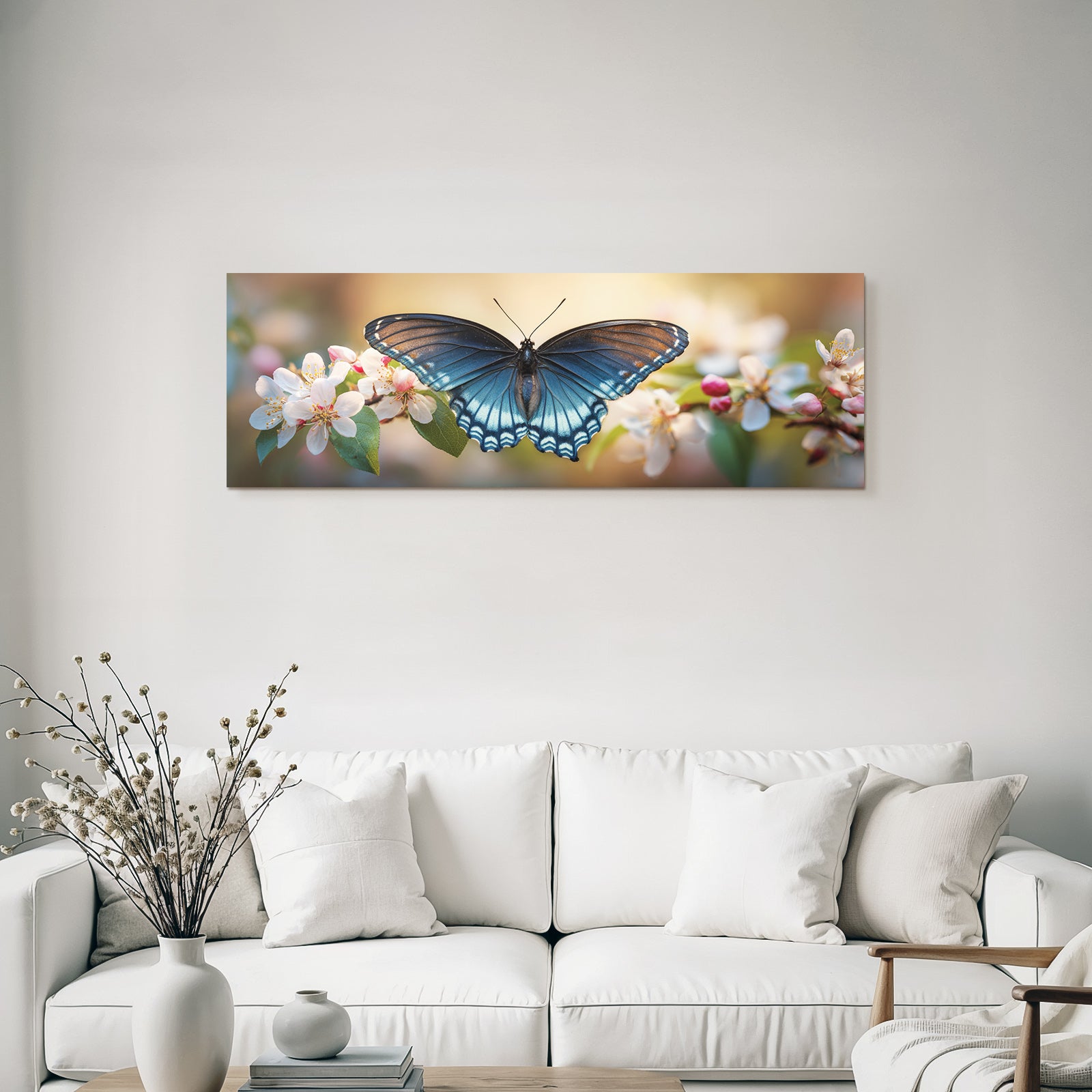 Schmetterling Mit Blaün Und Schwarzen Flügeln Auf Blumen