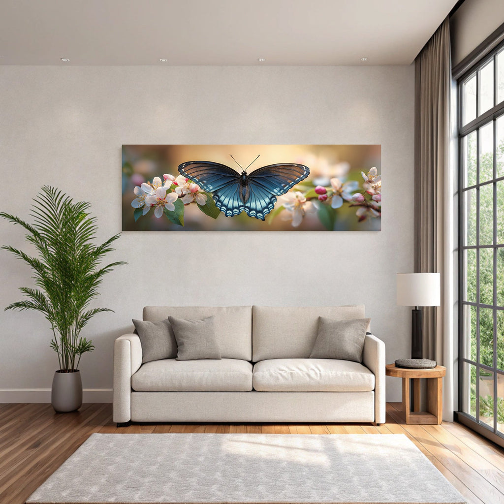 Schmetterling Mit Blaün Und Schwarzen Flügeln Auf Blumen