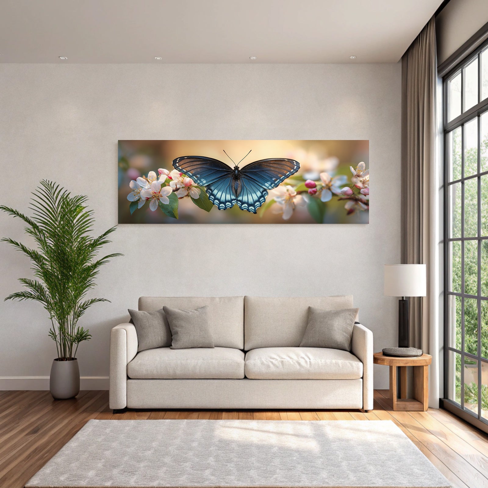 Schmetterling Mit Blaün Und Schwarzen Flügeln Auf Blumen