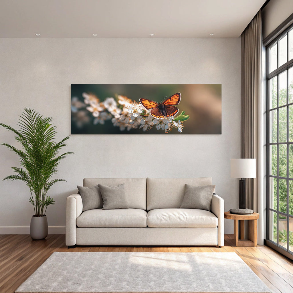 Schmetterling Mit Leuchtend Orangen Schwarzen Flügeln Auf Weissen Blumen