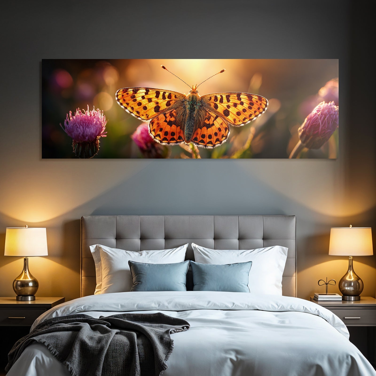 Schmetterling Mit Leuchtenden Orangenen Flügeln Und Fleckigen Mustern Am Sonnenaufgang