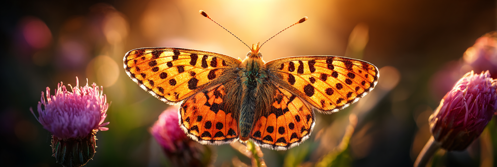 Schmetterling Mit Leuchtenden Orangenen Flügeln Und Fleckigen Mustern Am Sonnenaufgang | Insekten und Amphibien | Tiere