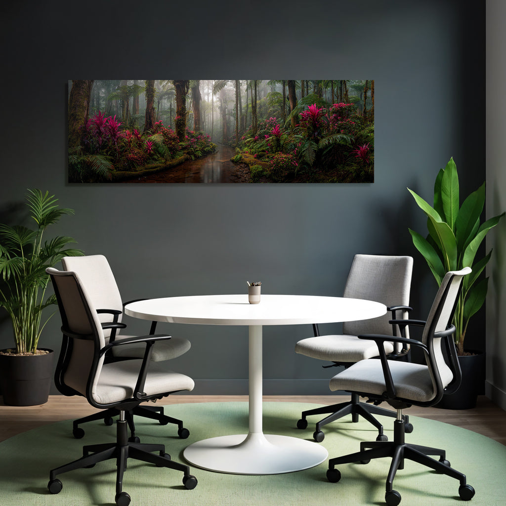Tropischer Regenwald Mit Vibranten Rosa Und Lila Blumen Mystischem Nebel Und Einem Bach