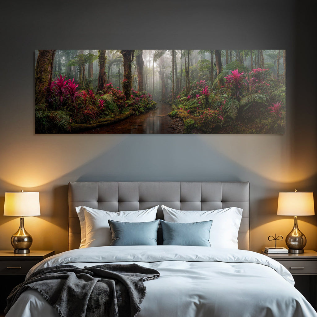 Tropischer Regenwald Mit Vibranten Rosa Und Lila Blumen Mystischem Nebel Und Einem Bach