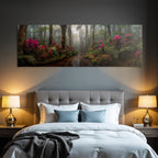 Tropischer Regenwald Mit Vibranten Rosa Und Lila Blumen Mystischem Nebel Und Einem Bach