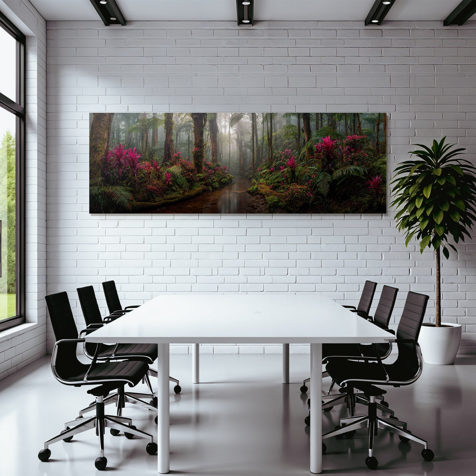 Tropischer Regenwald Mit Vibranten Rosa Und Lila Blumen Mystischem Nebel Und Einem Bach