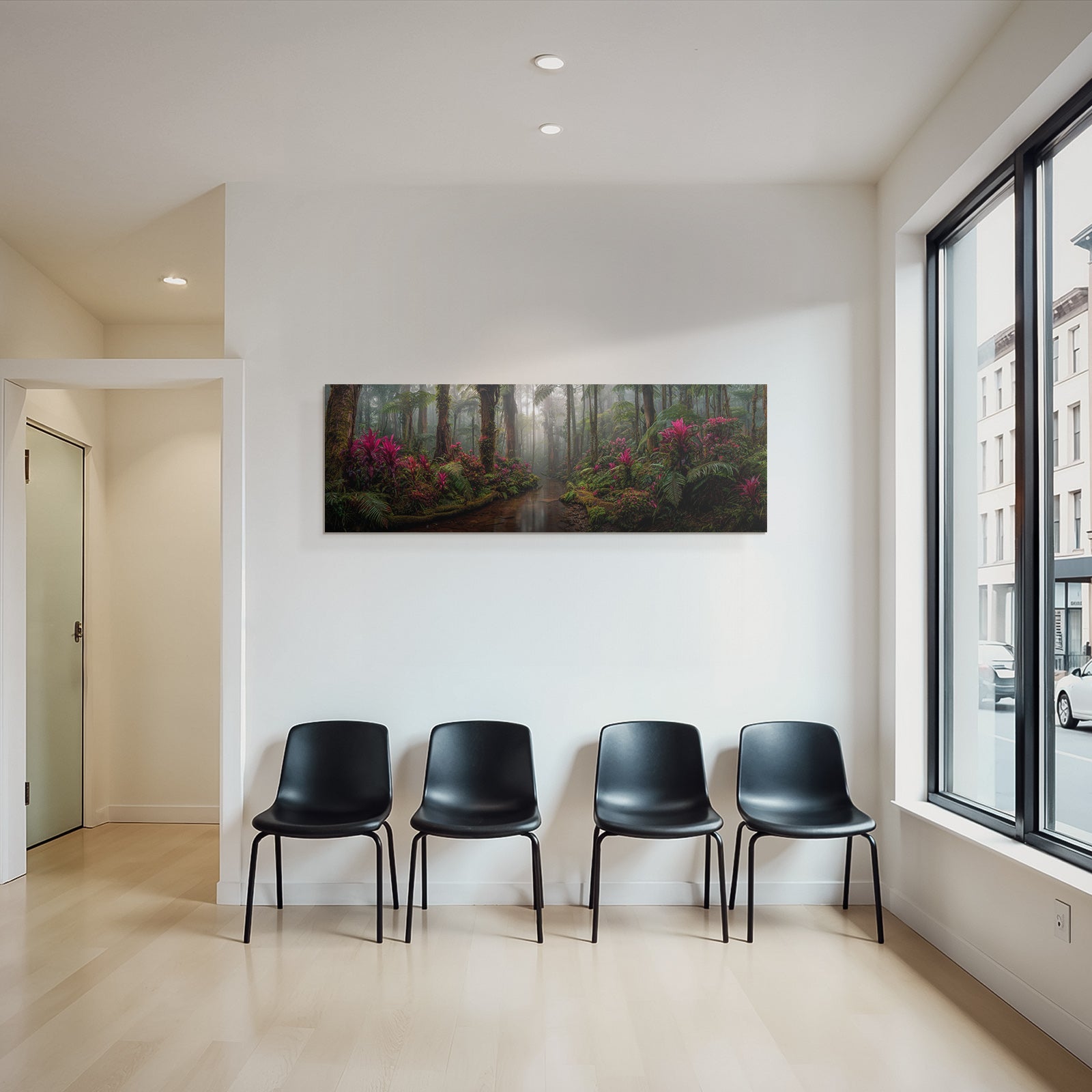 Tropischer Regenwald Mit Vibranten Rosa Und Lila Blumen Mystischem Nebel Und Einem Bach