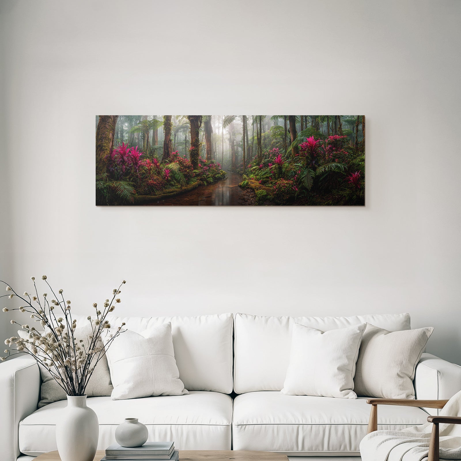 Tropischer Regenwald Mit Vibranten Rosa Und Lila Blumen Mystischem Nebel Und Einem Bach