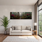 Tropischer Regenwald Mit Vibranten Rosa Und Lila Blumen Mystischem Nebel Und Einem Bach