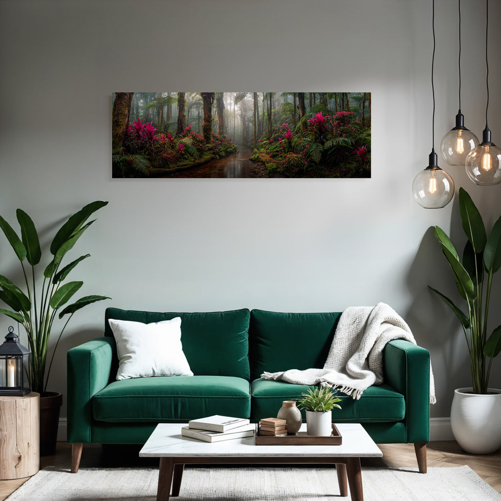 Tropischer Regenwald Mit Vibranten Rosa Und Lila Blumen Mystischem Nebel Und Einem Bach